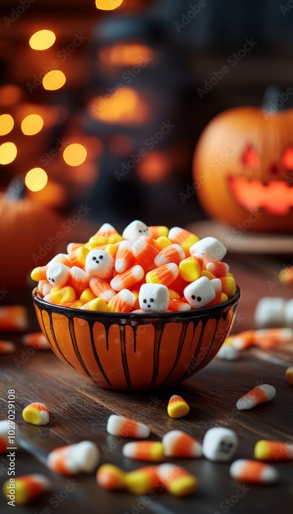 Poster A bowl of candy corn and ghost-shaped marshmallows sits on a wooden table with a carved pumpkin in the background.