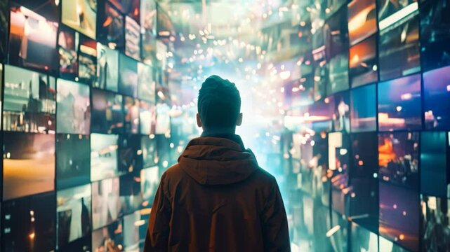 A person stands in front of a wall of screens, each showcasing different types of digital content, Creating interactive content to engage with audiences