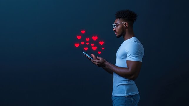Young Man Interacting with Phone and Floating Hearts