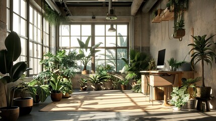 Interior of a modern office with green plants.