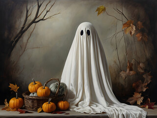 ghost and pumpkin on a cemetery