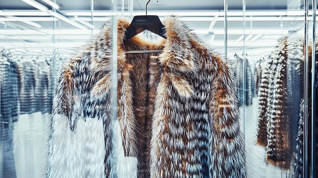 Luxurious faux fur coat in modern glass-walled fashion display