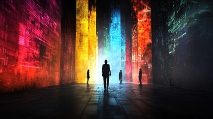Figures in a Colorful Digital Abstract Environment