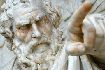 Naklejka premium statue of ancient man with curly long hair and beard pointing close near you, white marble god, scolding expression, index finger, photorealistic
