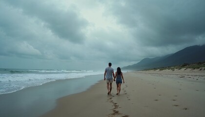 Romantic Couple Strolling on an Overcast Beach