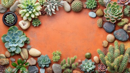 Fototapeta premium Succulents and Cacti Bordering Orange Background