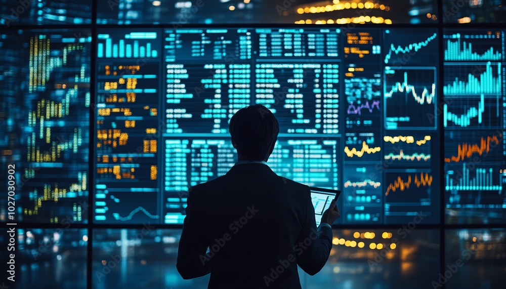 Poster A businessman stands in front of a large screen displaying financial data.