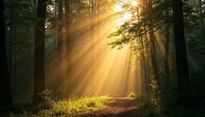 Obraz premium Peaceful Sunlight Filtering Through Lush Green Forest Path