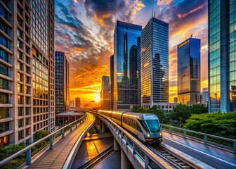 Stunning Drone View of Metro Crossing Bridge in Financial District at Sunset - Urban Landscape Photography