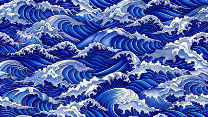 Intricate blue ocean waves in Japanese-inspired artistic style