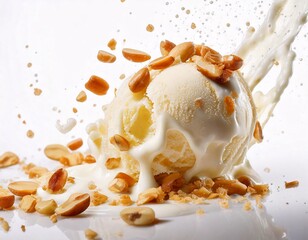 Delicious ice cream topped with milk and chocolate floating in the air, on a white background.