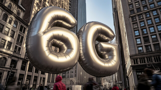 Gigantic 6g balloons tower over busy urban street - Powered by Adobe