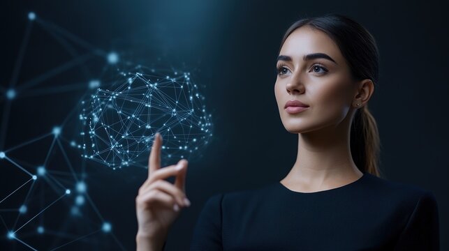 Woman Touching Digital Brain Visualization Concept