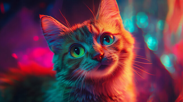 Psychedelic tripping cat kitten after catnip colored lights fur and far away look hallucinating