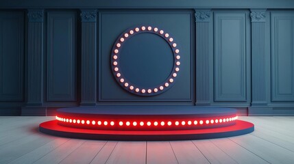 Navy blue campaign stage with glowing red and white decorative lights, symbolic of the USA election, Campaign stage, Navy decorative