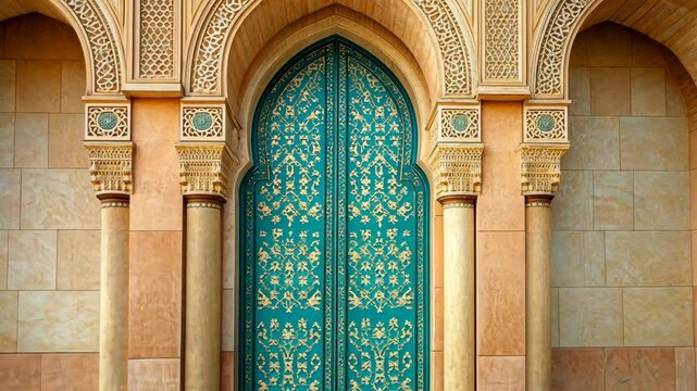 A beautiful, ornate door with intricate details stands under an arched doorway in a building with tan stone walls
