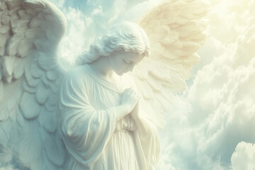 statue of beautiful white angel with large wings, praying with folded hands looking down, white clouds of heaven in background, fantasy, ethereal, peaceful, fantasy, photorealistic