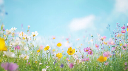 A serene field of wildflowers dancing in the breeze under a clear blue sky