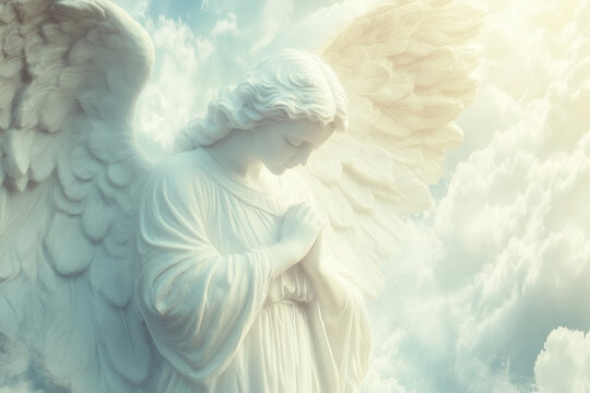 statue of beautiful white angel with large wings, praying with folded hands looking down, white clouds of heaven in background, fantasy, ethereal, peaceful, fantasy, photorealistic