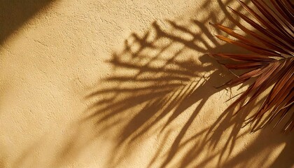 Shadows of falling palm leaves over a smooth beige background, generative ai