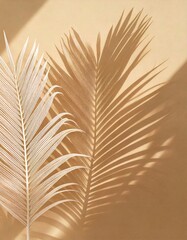 Shadows of falling palm leaves over a smooth beige background, generative ai