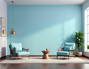 Modern living room interior with armchair and coffee table against pale blue wall, empty wall space for negative space. Generate AI