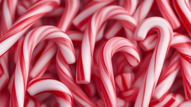 Festive red and white candy canes in a pile, evoking the spirit of Christmas and sweet holiday treats. Ideal for seasonal celebrations and decorations.