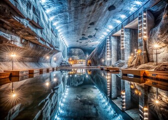 Obraz premium Stunning Interior of Targu Ocna Salt Mine with Unique Geological Features and Ample Copy Space for Creative Use