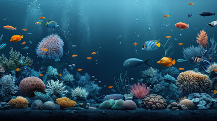 vibrant underwater scene filled with colorful fish, corals, and marine life, showcasing beauty of oceans ecosystem. diverse colors and textures create captivating view