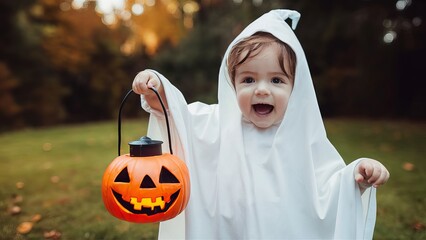 A cute child dressed in a white ghost costume holds a glowing pumpkin lantern, celebrating a joyful and spooky Halloween night.