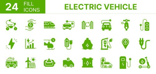 Collection of 24 Electric Vehicle fill icons featuring editable strokes. These outline icons depict various modes of Electric Vehicle, hydroelectric, ecology, gas, nature, editable,