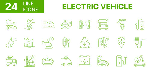 Collection of 24 Electric Vehicle line icons featuring editable strokes. These outline icons depict various modes of Electric Vehicle, hydroelectric, ecology, gas, nature, editable,