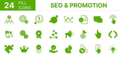 Collection of 24 SEO & promotion fill icons featuring editable strokes. These outline icons depict various modes of SEO & promotion, business, market, set, web, website, media, social,