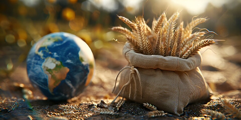 Wheat and grain with a globe sustainable agriculture.
