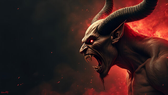 Angry devil profile with copy space for text - black background - yelling, shouting, screaming - god of evil - hell concept art - Leviathan, Astaroth, Mammon, Baal