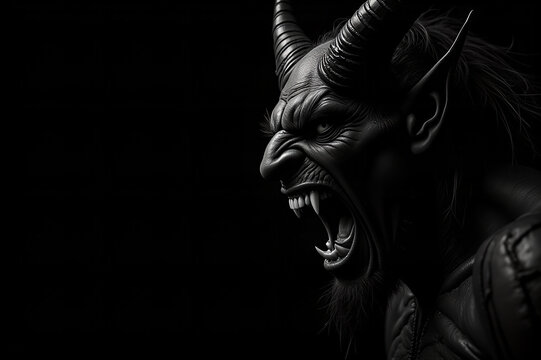 Angry devil profile with copy space for text - black background - yelling, shouting, screaming - god of evil - hell concept art - Leviathan, Astaroth, Mammon, Baal
