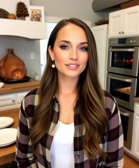 Portrait of a young woman with long hair smiling in a cozy kitchen, capturing warmth and homely ambiance. Perfect for lifestyle and domestic themed media.

