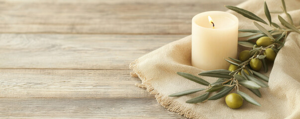 Cozy wooden table with olive branches and candle for a rustic ambiance