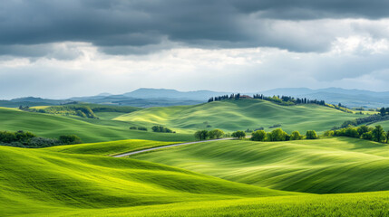 Fototapeta premium Aerial view of a winding highway through green hills under clouds