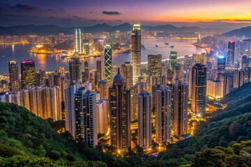 Obraz premium Stunning Minimalist Panorama of Foggy Hong Kong from Victoria Peak - A Serene Aerial View of the Cityscape