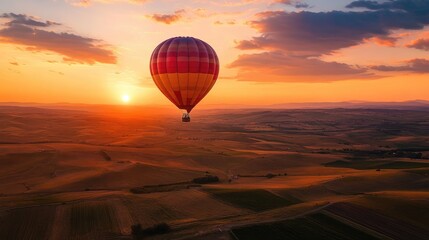 Fototapeta premium A balloon drifting high above scenic farmlands, with the sky turning orange at sunset.