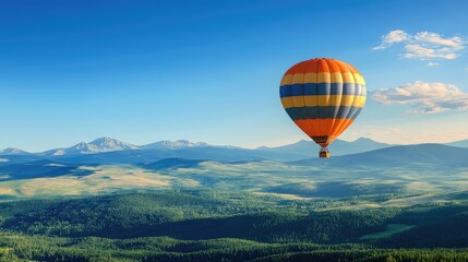 Obraz premium A balloon drifting in a clear blue sky, with scenic mountains and forests stretching below.