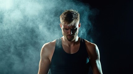 Obraz premium Strong Athlete in Dramatic Light and Smoke Background