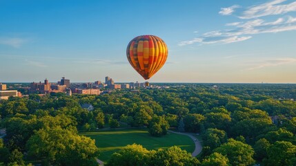 Fototapeta premium A balloon rising over scenic city parks, with a clear blue sky and urban landscape in the background.