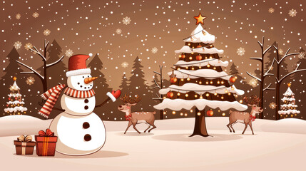 Obraz premium cheerful snowman and playful reindeer celebrate festive season in snowy landscape, surrounded by decorated Christmas trees and falling snowflakes