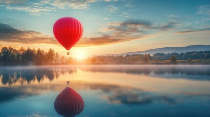 A bright red balloon hovering near a peaceful lake at sunrise, with scenic reflections. No people.