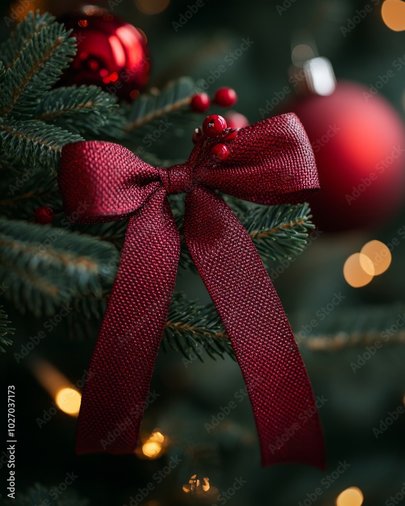 Poster A close-up of a red ribbon bow ornament on a Christmas tree with red baubles and warm lights in the background.