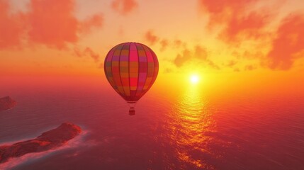 Obraz premium A colorful balloon drifting across a vibrant orange sunset, with scenic ocean views below. No people.