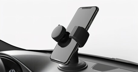 Naklejka premium Smartphone and cell phone holder in black for cars. White background with isolation, Generative AI.