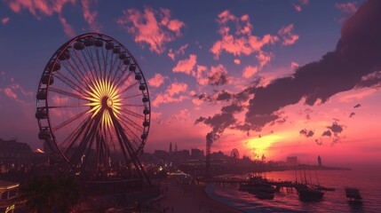 A Ferris wheel at sunset, dominating the skyline with a vibrant sky and scenic backdrop. No people included.